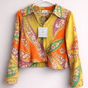 NWT Haute Hippie Cropped Boho Blouse | XS | Maximalist Dopamine Festival